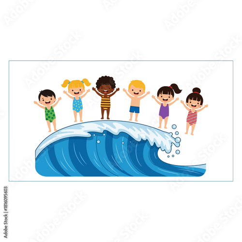 Diverse group of happy children standing on a large ocean wave.