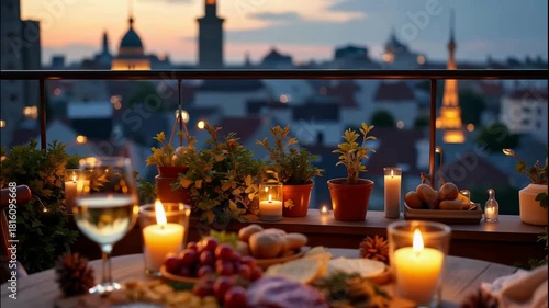 Rooftop christmas party candle light dinner table with wine glass, cheese, grape, bread and festive snack board, cozy holiday ambiance and warm bokeh, city skyline view dusk, terrace glow