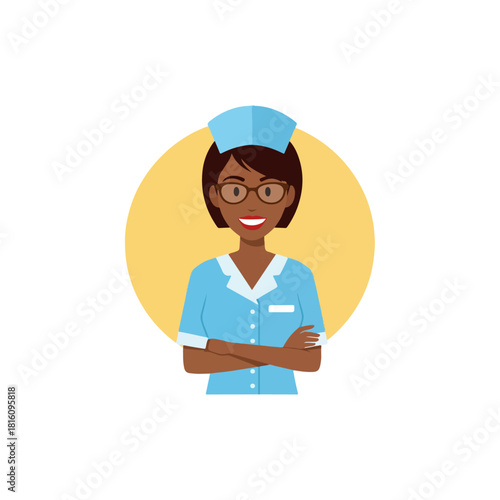 Illustration of a smiling African American nurse with arms crossed.