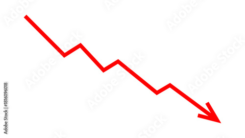 Red falling down arrow zigzag line graph indicates financial loss concept, stock market fall, business loss, market crash, economic loss. Red graph chart arrow downward direction. Vector illustration.