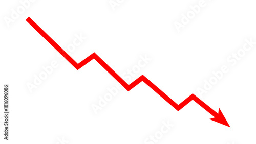 Red falling down arrow zigzag line graph indicates financial loss concept, stock market fall, business loss, market crash, economic loss. Red graph chart arrow downward direction. Vector illustration.