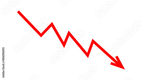 Red falling down arrow zigzag line graph indicates financial loss concept, stock market fall, business loss, market crash, economic loss. Red graph chart arrow downward direction. Vector illustration.