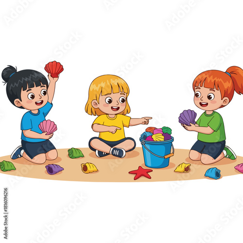 Three young children playing with seashells and a bucket.