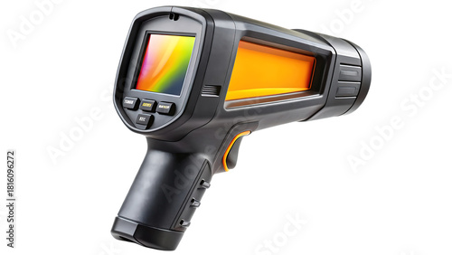 Professional handheld thermal imaging camera with colorful display and orange heat signature isolated on transparent background