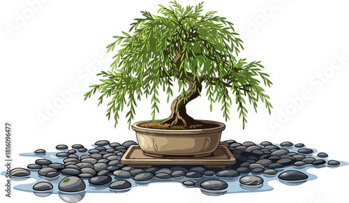 cultivated calm an illustrated bonsai reflection, merging natures patience and artistry, isolated on transparent background