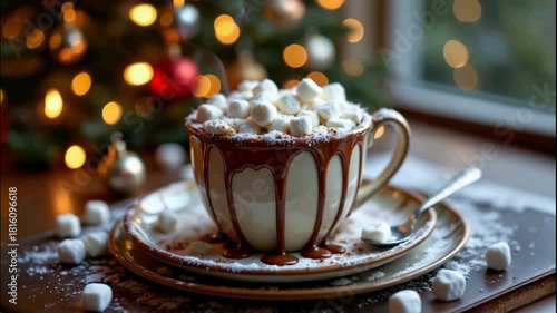 Cozy rooftop christmas party hot chocolate with marshmallow and creamy cocoa cup saucer near window, bokeh lights glow by tree, steam rising, sweet dessert joy plate, festive ambiance warms heart
