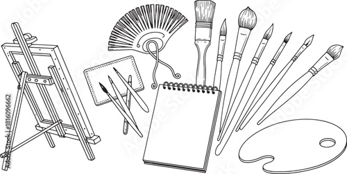 Black and white line art illustration of art supplies including easel brushes and palette paint brushes