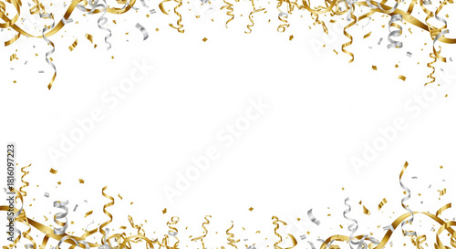 Festive celebration background of swirling gold and silver ribbons and confetti framing the edges of a bright white center, dynamic falling streamers creating a border around large empty copy space. © Phaimanee