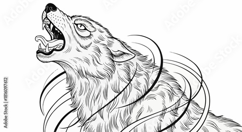Detailed illustration of a howling wolf with open mouth and sharp teeth.