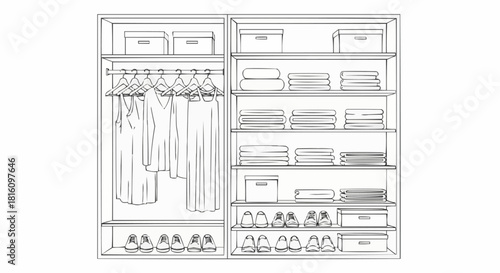 Organized Wardrobe Interior with Clothes Shoes and Shelves.