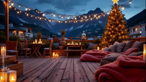 Rooftop christmas party warm string light with cozy blanket and candle light glow wooden deck near decorated tree and mountain view dusk creating festive mood, cozy seating invites friends to gather