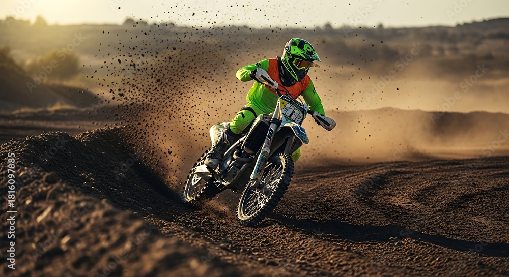 Obraz premium A motocross rider in green and orange gear speeds around a dirt track corner, kicking up dust and leaving tire tracks.