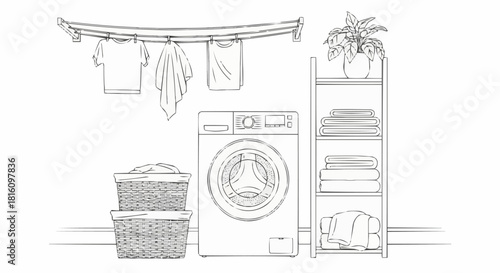 Laundry room scene with washing machine and drying clothes.