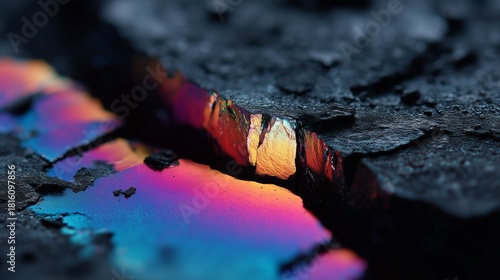 Colorful iridescent oil spill reflecting rainbow hues on rough asphalt texture in a close-up abstract photograph.