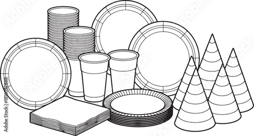 Black and white line art illustration of party supplies including plates cups napkins and party hats