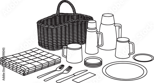 Black and white line art illustration of picnic basket and tableware thermos plate