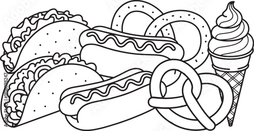 Black and white line art illustration of tacos hot dogs pretzels and ice cream cone food