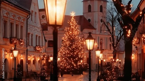 Wallpaper Mural Festive town square christmas tree and street lamps at twilight Torontodigital.ca