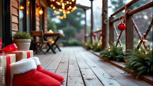 Cozy rooftop christmas party wooden porch and deck cabin winter, warm string light, red slipper, gift box, ribbon, fir branch, evergreen decor, festive ornament, soft bokeh, calm evening mood