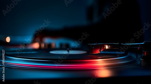 DJ Turntable with Spinning Vinyl Under Vibrant Neon Lights