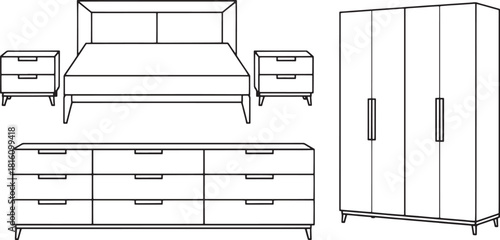 Black and white line drawing of a bedroom furniture set nightstand dresser