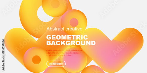 Abstract geometric shapes overlap, creating vibrant colorful background. Text promotes further exploration. Modern design elements present.