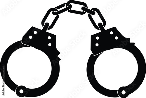 Black Silhouette of Metal Handcuffs Connected by Chain on White Background arrest