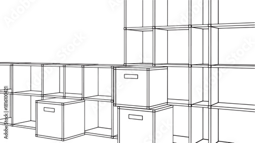 Black and white line drawing of modular storage cubes and shelves organization