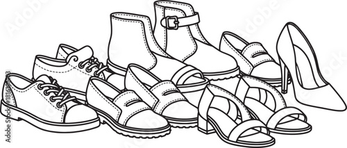 Collection of black and white line art footwear including boots heels and loafers shoes