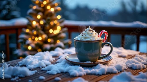 Rooftop christmas party mood with hot chocolate green mug, whipped cream swirl, candy cane, snow wooden table, warm bokeh lights and steam rising, cozy winter evening pine tree, festive scene invites