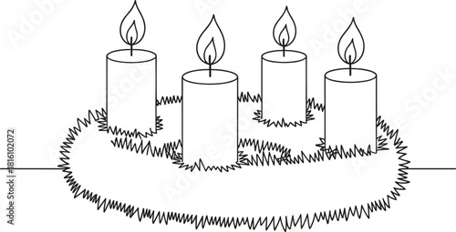 Four lit candles on a wreath line art illustration Keywords: candles, lit, fire, flame, light