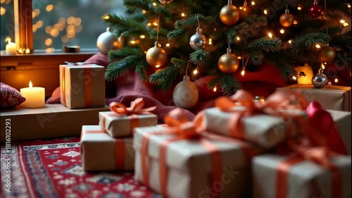 Cozy rooftop christmas party scene with gift box, ribbon, bow, candle light and glowing tree, warm interior mood festive decor bring joy comfort winter night celebration, present wrapped tree light