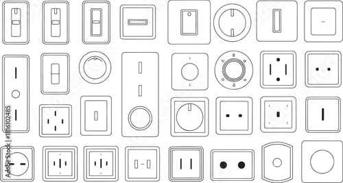 Collection of electrical switches and outlets in line art style socket power