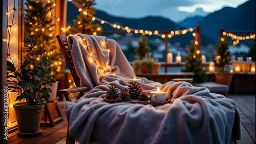 Rooftop christmas party terrace balcony deck outdoor evening dusk night scene with cozy blanket lounge warm candle light pine cone candle glow evergreen plant soft bokeh fairy light mountain view