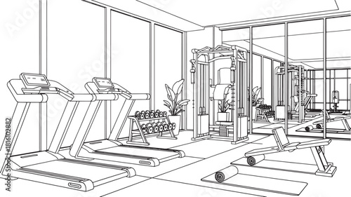 Line art illustration of a modern gym interior with treadmills weights and exercise equipment fitness