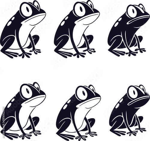Six cartoon frogs in different poses and expressions