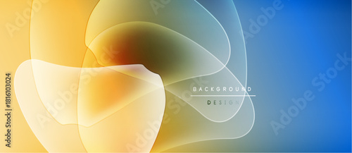 Abstract fluid shapes blend yellow, orange, blue hues. Modern design suggests movement, energy, soft gradients. Background features text background, design.
