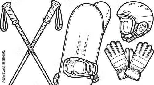 Line art illustration of snowboard ski poles helmet and gloves on white background winter sports
