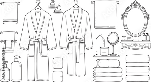 Line drawing illustration of bathroom accessories including robes towels and toiletries black and white