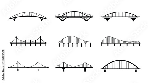 Set of various bridge silhouettes featuring arch bridges, suspension bridges, beam bridges, and modern architectural designs in minimal black vector style
