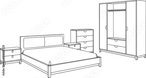 Line drawing of a bedroom set with bed dresser and wardrobe bedroom furniture nightstand