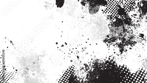 Vintage grunge texture with scattered black spots and pin dots for minimal background use. Abstract black splashes and dotted marks texture on white for graphic design overlays. 