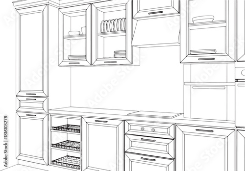 Line drawing of a built in kitchen with cabinets drawers and shelves interior cabinetry