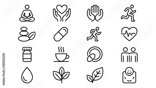 Health and wellness icon set featuring fitness, meditation, supplements, heart care, natural elements, healthy lifestyle, and self-care symbols in modern line style
