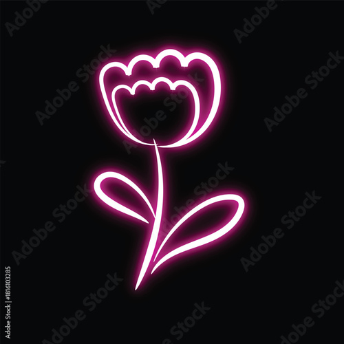 Neon Pink Glowing Flower Outline on Black Background Abstract Vector