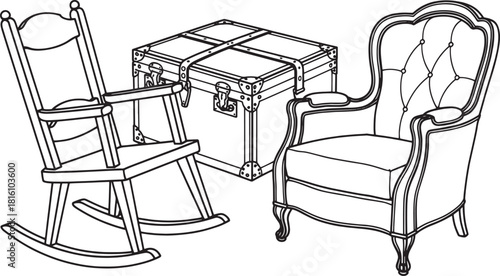 Line drawing of a vintage trunk and two chairs on a white background illustration chest