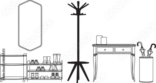 Line drawing of entryway furniture including shoe racks coat stand and console table hall coat rack