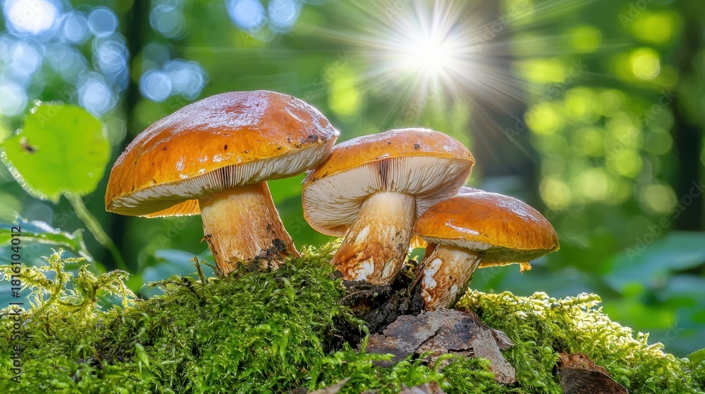 Fototapeta premium Vibrant Orange Mushrooms Growing Amidst Lush Green Forest Background