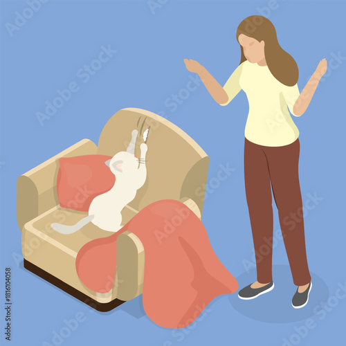 White cat scratching armchair. Nasty kitten destroying home furniture with claws. Woman is unhappy with her pet. 3d flat isometric vector illustration.