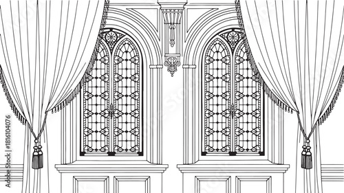 Ornate arched windows with heavy drapes and decorative tassels on white background gothic tracery
